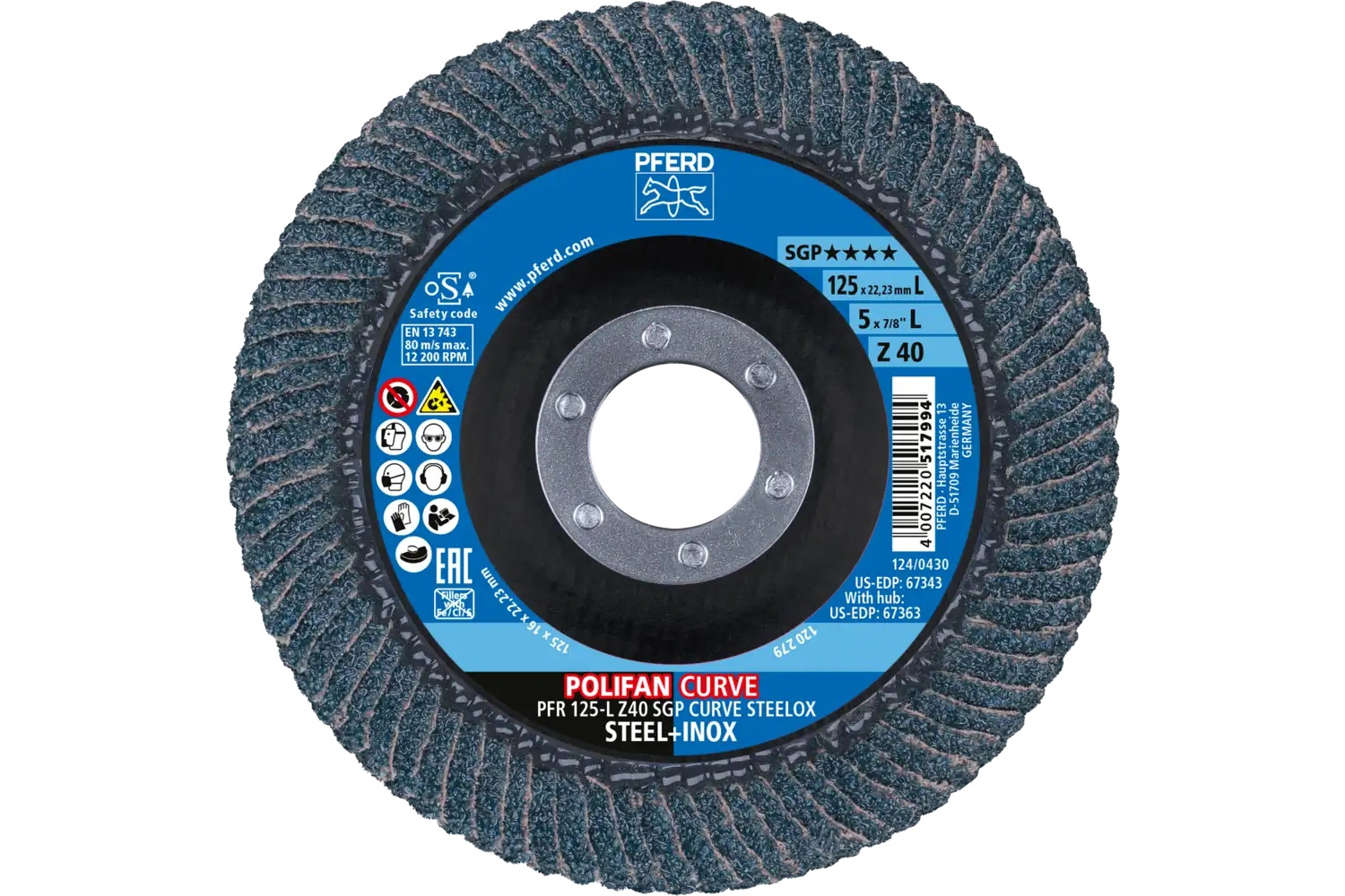 Picture of Pferd Polifan Curve flap disc 5" x 7/8, Z SGP Curve Steelox, 40 Grit, Large Radius, Zirconia